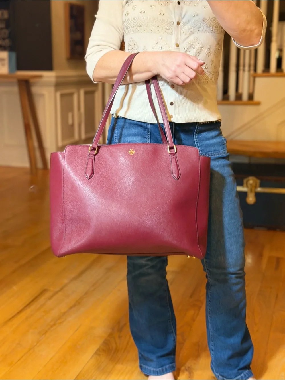Tory Burch Classic Emerson Saffiano Leather Tote Burgundy Imperial Merlot